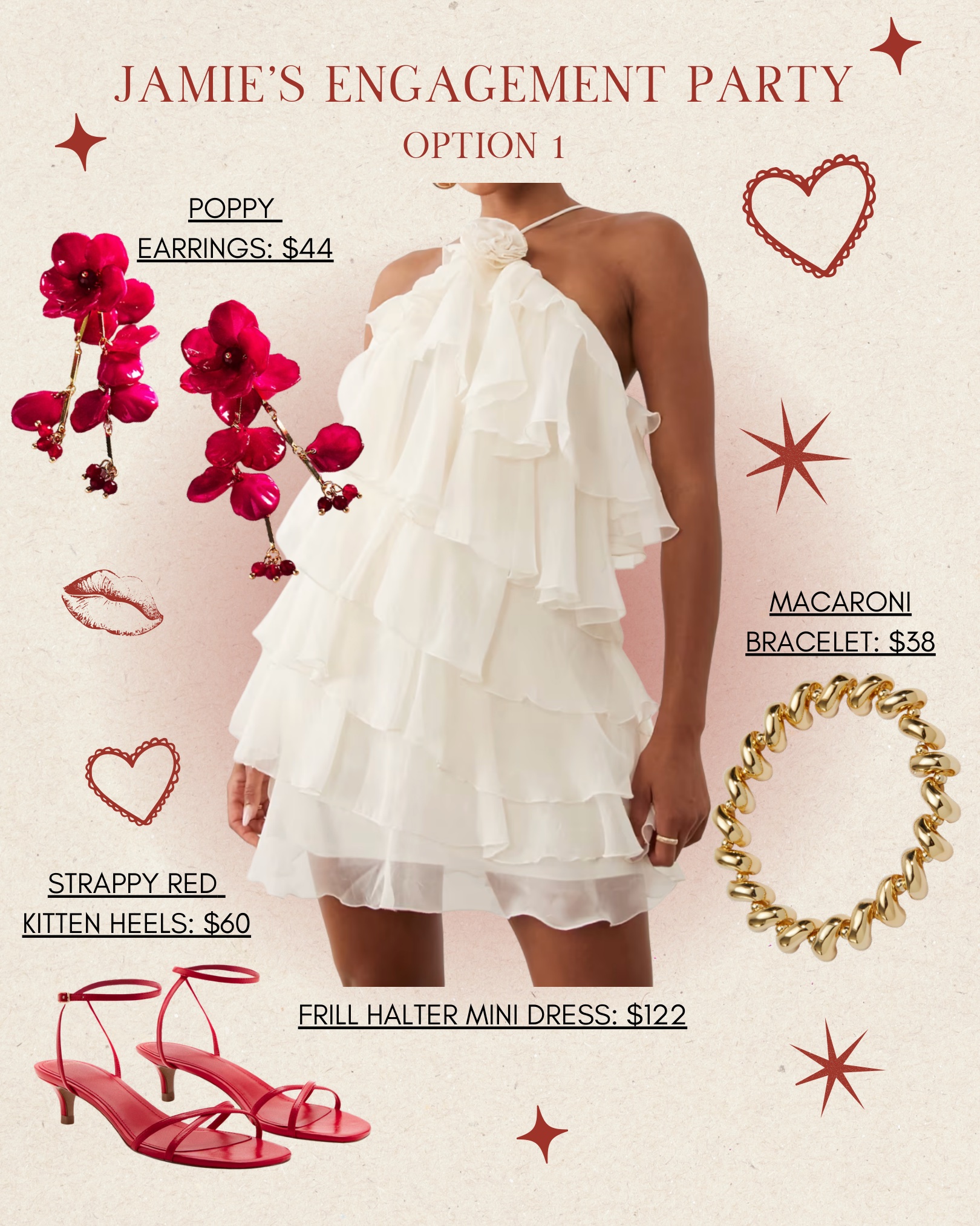 Sample virtual styling moodboard for Jamie's engagement party, featuring a white ruffled mini dress, red kitten heels, and gold jewelry